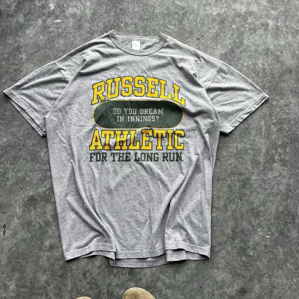 Vtg Russell Athletic For the Long Run Shirt XL Gray Logo Promo Tee Y2K EUC